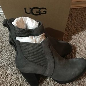 NWB UGG Gray Leather Heeled Boots 8.5